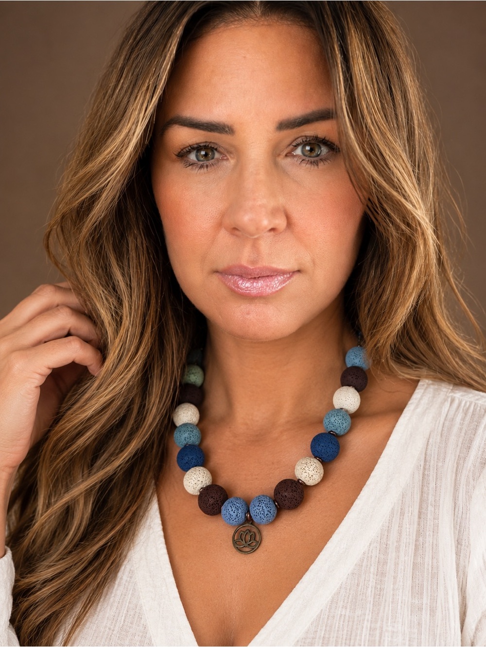 Handcrafted Blue, White & Brown Lava Bead Necklace with Lotus Pendant